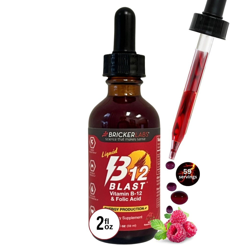 Bricker Labs B-12 Blast Tekoči vitamin B12 in Folna kislina dodatek, Podpora proizvodnja energije, Velika degustacija Tekoči vitamin B12 Prehransko dopolnilo v naravni malina aroma, 2 fl oz steklenica