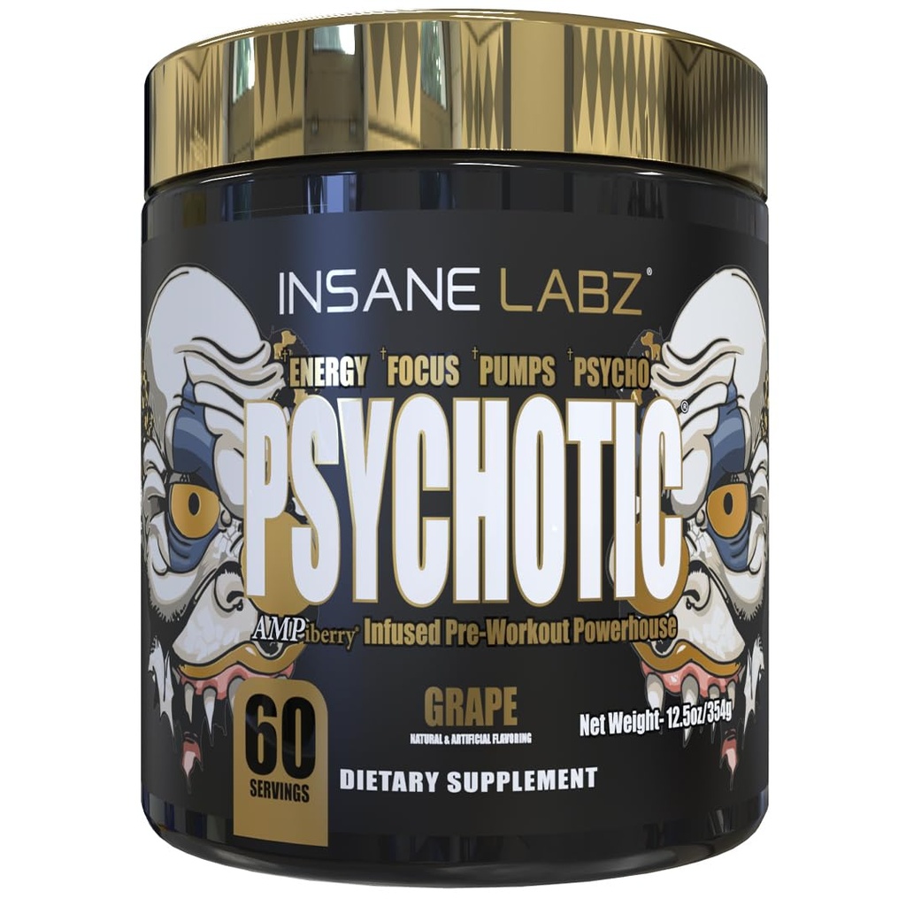 Insane Labz Psychotic Gold, High Stimulant Pre Workout Powder, Extreme Trading Energy, Črpalke in vzdržljivost z Beta Alanine, DMAE Bitartrate, NO Booster (60 strežbe, grozdje)