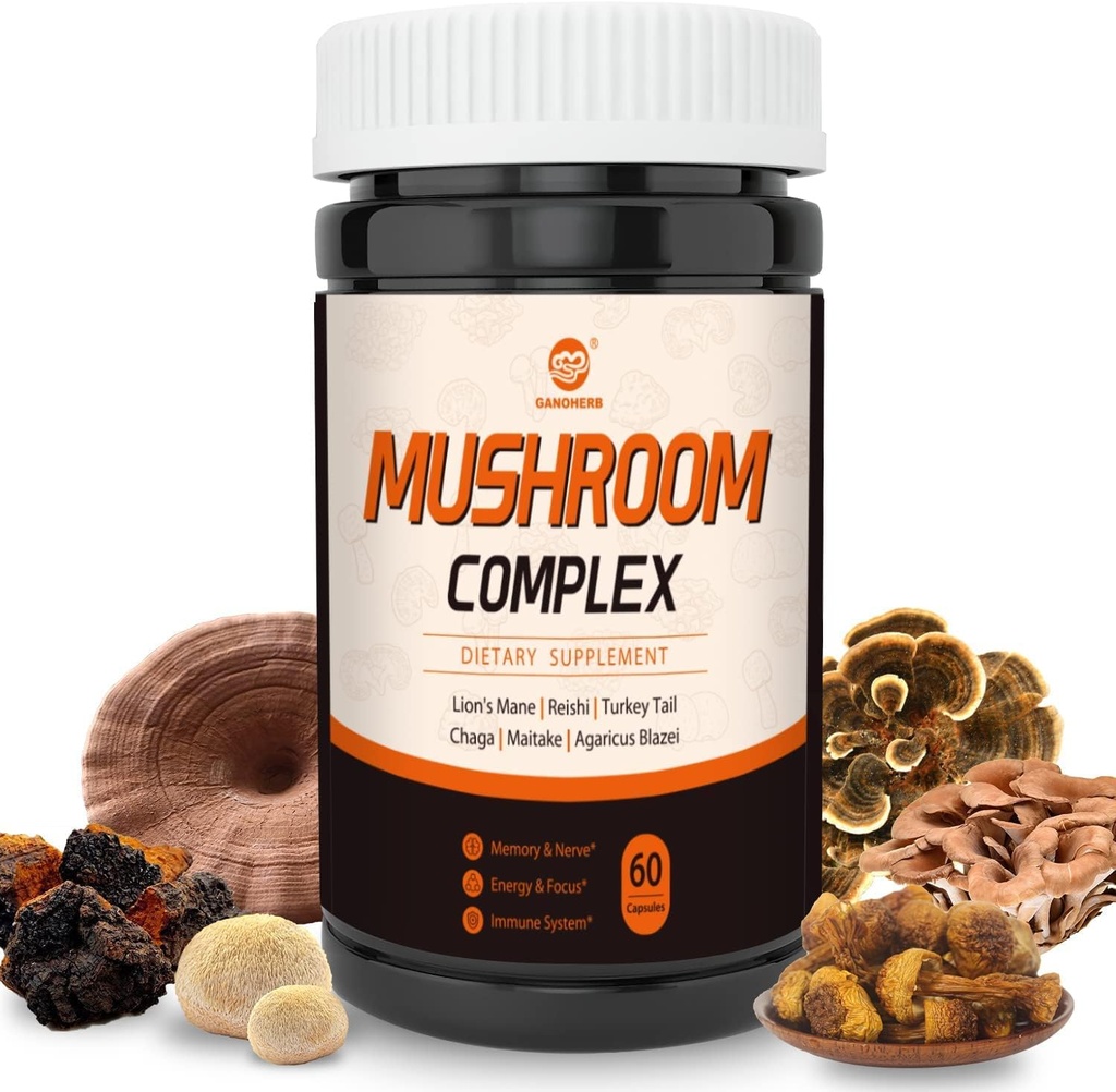 Dodatek goba kompleks, Lions Mane, Reishi, Turčija rep, Chaga, Maitake, Agaricus, 6 Visoka moč organska goba za energijo, fokus, spomin in imunski sistem podpora
