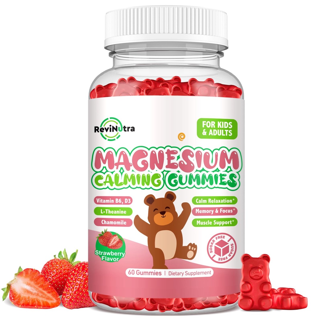 Magnezij Gumiji za otroke - Magnezij Glicinat Gumies dodatek z L-Theanin, vitamin B6, D3 za otroke in odrasle spanje, miren, sprostitev, možgani, kosti, sladkor brez jagod 60ct