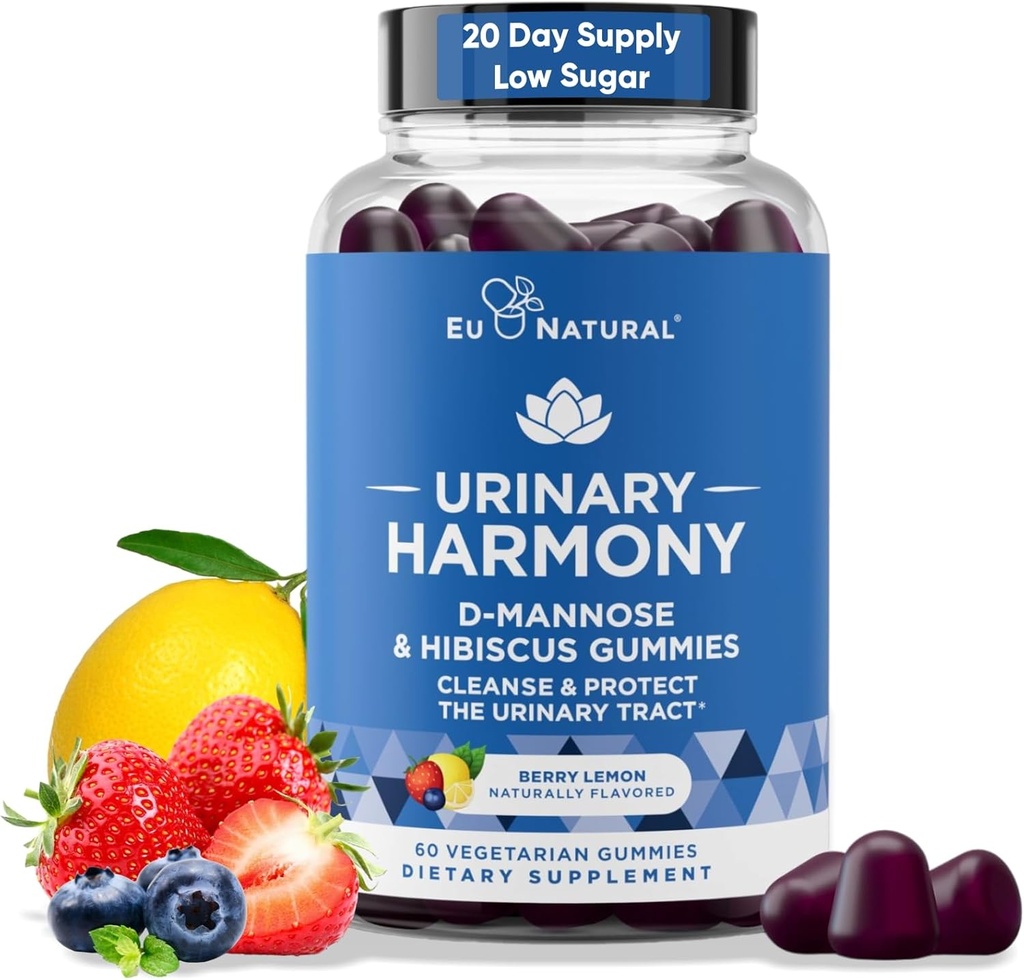 Urinary Harmony D Mannose Gummies za zdravljenje urinarnega trakta – D-mannoza in Hibiscus čiščenje, Flush & Zaščita urinarnega sistema – Potent Formula, zdravilo brezplačno – 60 Berry Lemon Flavor Gummies, 20 Day Supply