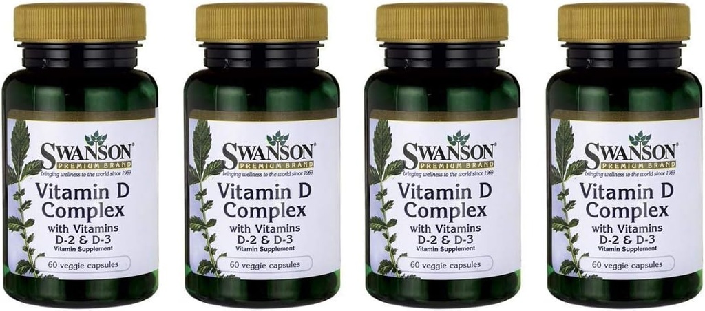 Swanson Vitamin D Complex z vitamini D2 & D3 - Popolno Sunshine Vitamin Complex za kosti, zobozdravstvo in imuno zdravje - Vitamin dodatek ( 50 mcg, 60 Veggie Kapsules ) 4 pakiranje