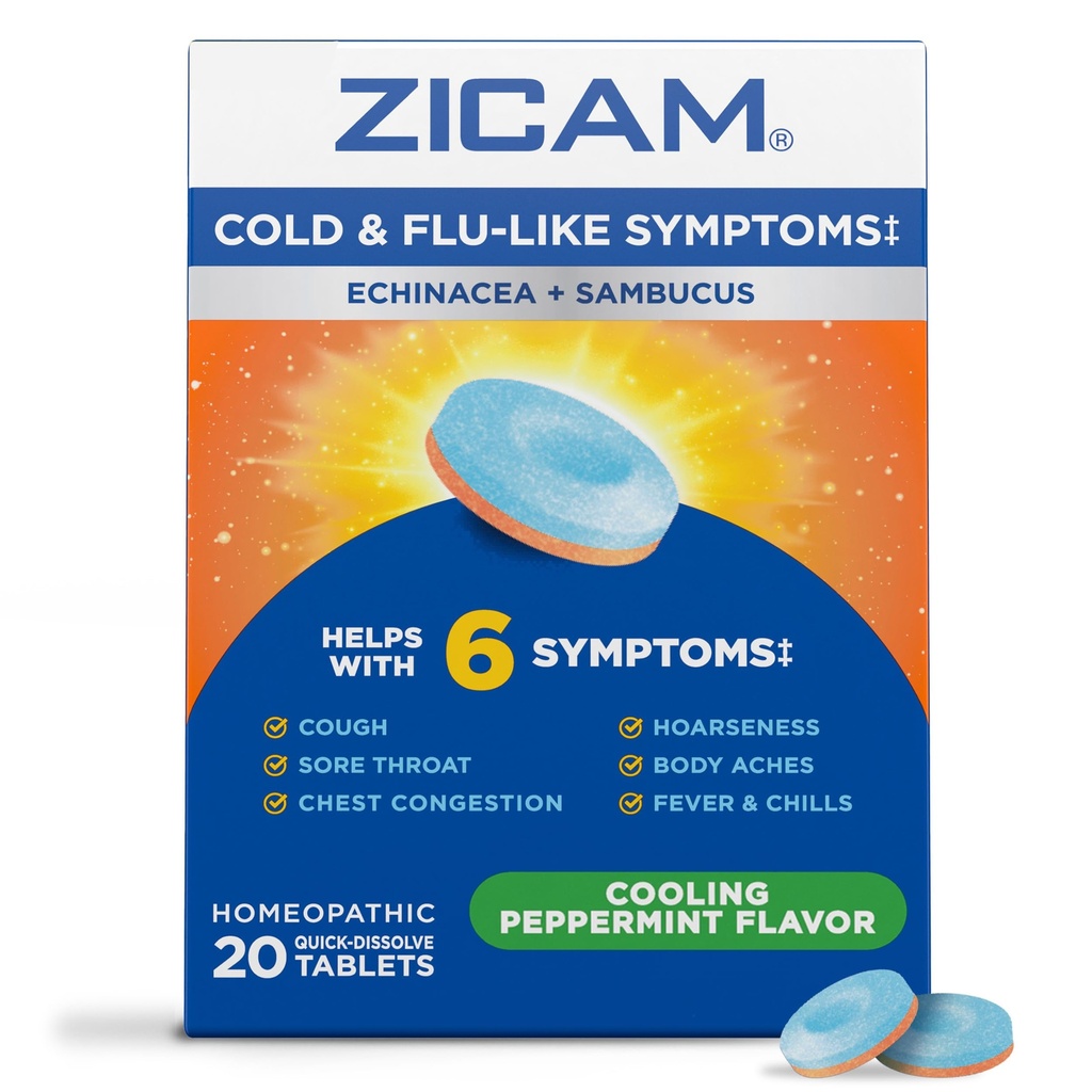 Zicam Cold & gripi podobni simptomi z Echinacea in Sambucus, homeopatski, cink, hlajenje pepermint aroma, pomaga pri simptomih mraza, 20 tablet