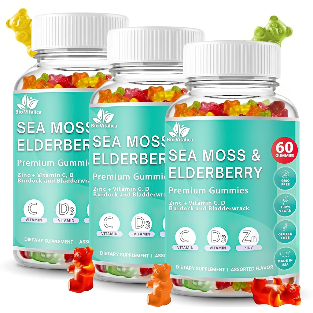BIO VITALICA Sea Moss Gumies Elderberry BioVitalica - Vitamin C D + cink - Irish Seamoss Vegan Gummy z Sea Moss Gel & Prašek za imuniteto, Detox - za odrasle in otroke (3Packs)