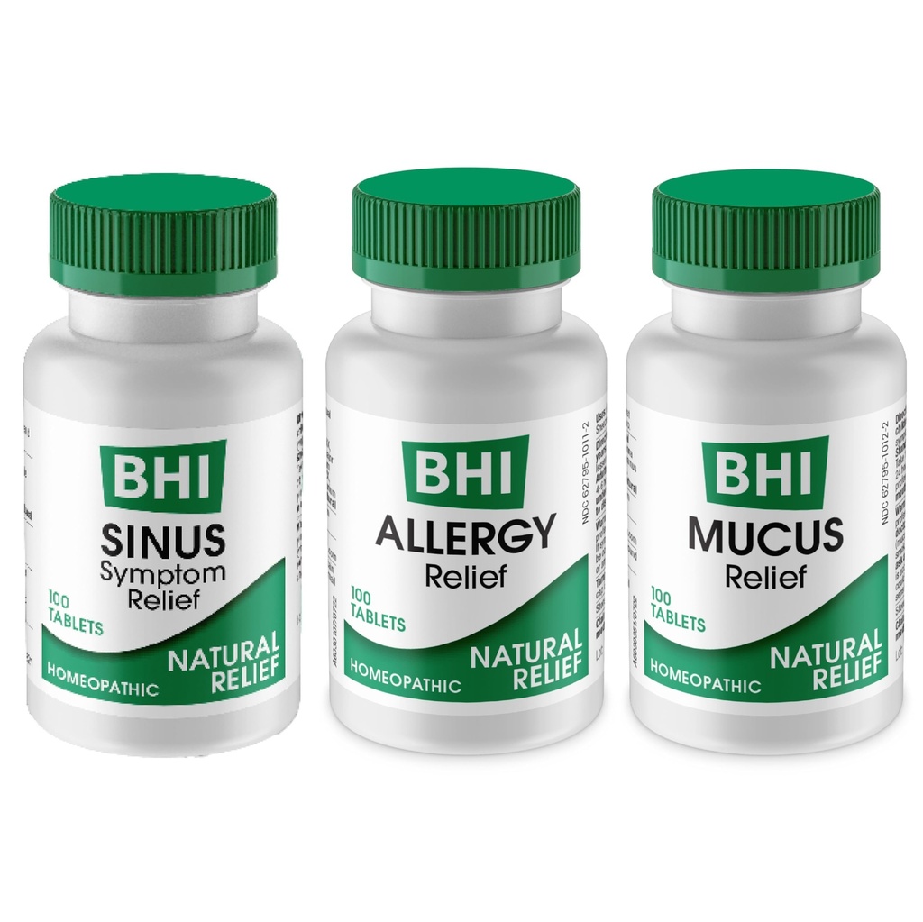 MediNatura BHI Multi Symptom Flare-Up Defense Bundle Sinus Relief Tablete (100) Mukus Relief Tablete (100) + Alergija Relief Tablete (100) Homeopatska Relief - hitrodelujoče, hitro raztapljanje