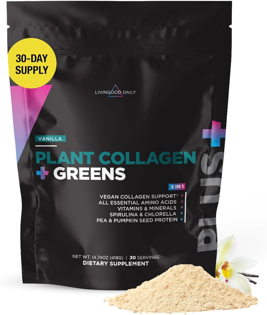Livingood Daily Plant Collagen + Greens Powder, Vanilla Flavor, 5-v-1 Kolagen Podpora s Pea Proteini, Aminokisline, Spirulina, Klorella & Vitamin C, Kožnati nohti za lase, Vegan, 30 Servingov