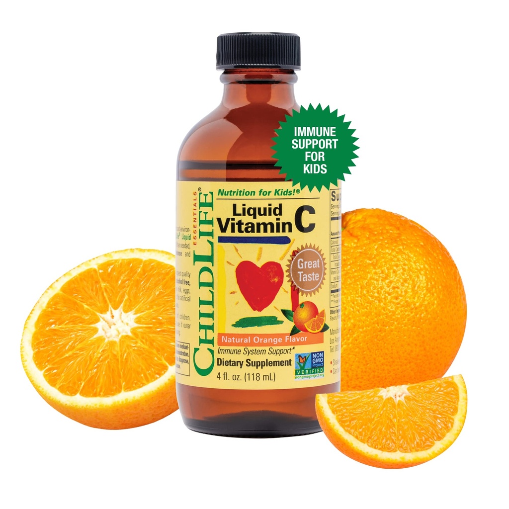 CHILDLIFE ESSENTIALS Tekoči vitamin C - Pure Vitamin C Tekoči dodatek za otroke, malčki, & dojenčki, Podpora imunskega sistema, Natural Orange Flavor, 4 Fl Oz (Pack of 1)