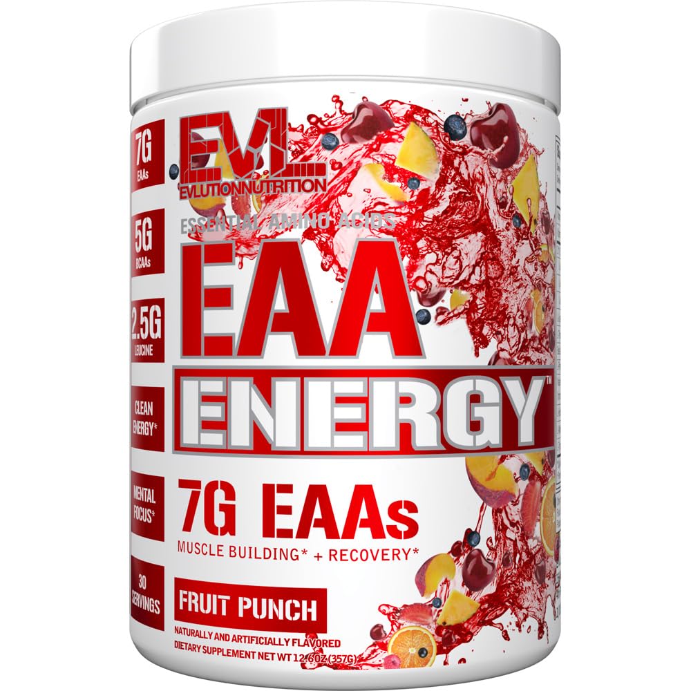 Evalution Nutrition EAA Energy - Pre & Post Workout Powder - Muscle Building & Recovery Supplement - 7g Essential Aminokisline + 5g BCAA - Čista energija - s kofeinom - 30 Servinges - sadni punch