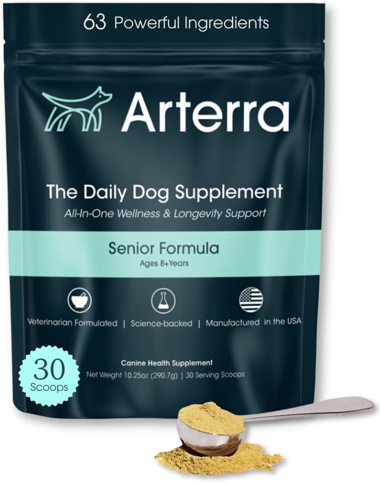 Senior Dog Powder Supplement & Food Topper – 63 Sestavine za skupno, Gut, Imun & Brain Health – Daily Longevity Multivitamin z glukozaminom, probiotiki in ribje olje 
