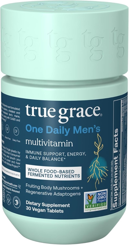 True Grace One Moške multivitaminske fermentirane minerale, organske adaptogene in gobe celotno telesno ravnovesje Imunska, vzdržljivost, podpora kosti in srca - ne-GMO, Gluten prost - 30 Veganske tablete