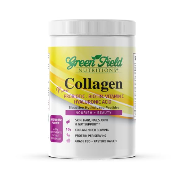 Greenfield Nutritions Halal Collagen Peptides Powder - 9g Halal Protein Probiotic, Biotin, Hyaluronska kislina & Vitamin C - 270g Halal Collagen za ženske in moške - podpira lase, kožo, nohte, sklepe in črevo
