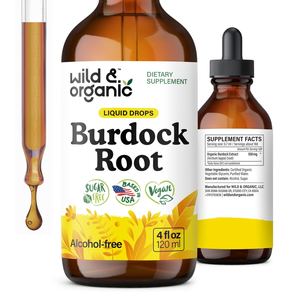Wild & Organic Burdock Root Tinkture - Tekoči dodatek za antioksidant, Detox, Prebavna podpora - Burdock Root Herb Kapljice - Vegan, Sladkor & Alkohol brez - 4 fl oz
