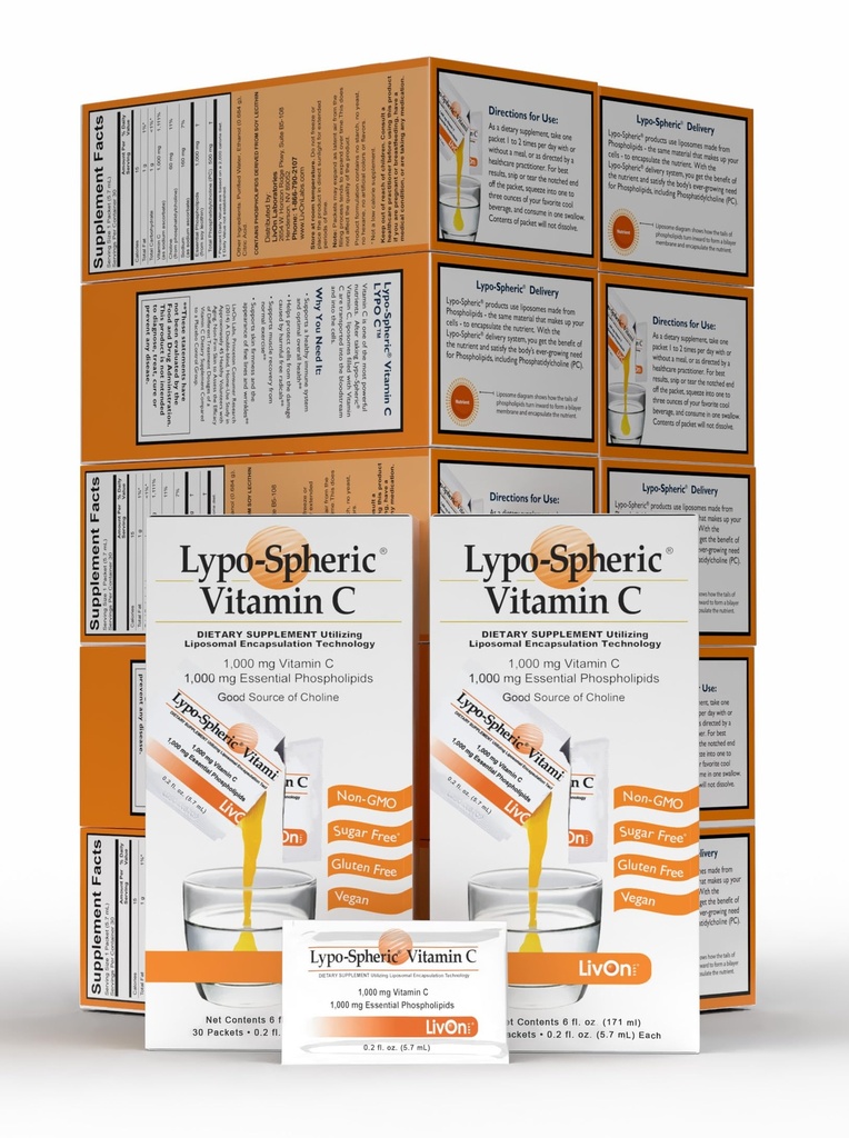 Livon Laboratories Lipo-sferični vitamin C – 1.000 mg Vitamin C & 1.000 mg Esencialni fosfolipidi na embalažo – liposom, ki je zajet za boljšo absorpcijo – ne-GMO(12 škatel, 360 paketov)