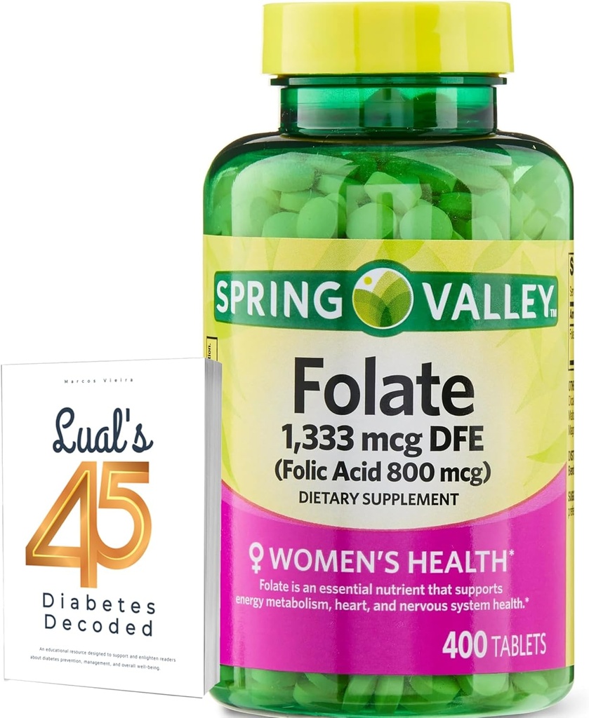 Folat 1,333 mcg. Spomladanska dolina Folat prehransko dopolnilo, 1.333 mcg DFE, 400 Count, Folat dopolnilo za ženske Nosečnost, Folna kislina 800 Bundle z Luall je 45 diabetes dekodirano