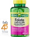 Folat 1,333 mcg. Spomladanska dolina Folat prehransko dopolnilo, 1.333 mcg DFE, 400 Count, Folat dopolnilo za ženske Nosečnost, Folna kislina 800 Bundle z Luall je 45 diabetes dekodirano