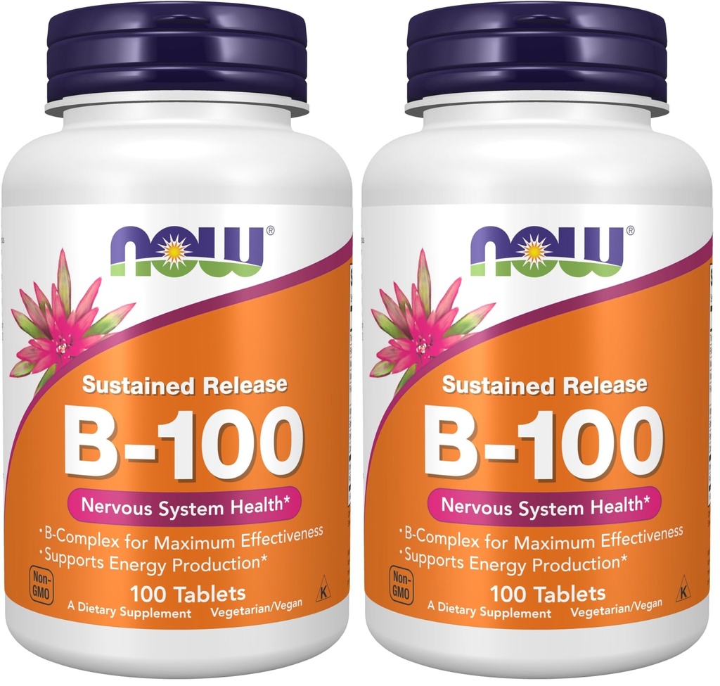 NOW dopolnila, vitamin B-100, trajen izpust, proizvodnja energije*, zdravje živčnega sistema*, 100 tablet (paket z 2)