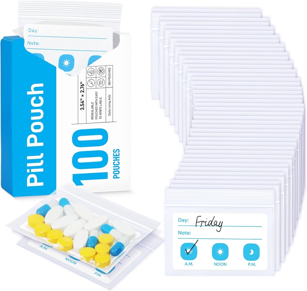 ZIKEE tablete vrečke za potovanja, večkratne tablete vrečke BPA brezplačno 2,75" x 3.54", Dnevne medicinske vrečke z XL kapaciteto za 24 ribja olja, Vitamin organizator s prilagodljivo površino za pisanje (100 Count)