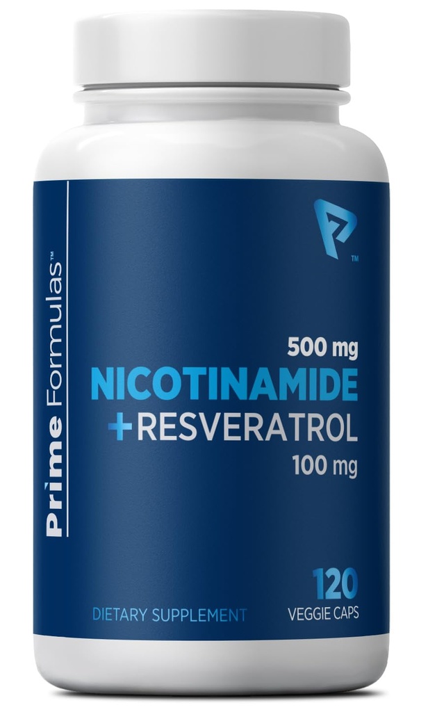 Nikotinamid 500 mg z Resveratrolom 100 mg 120 Veggie kapsule - vitamin B3, ki ni GMO, podpira metabolično zdravje, NAD+, kožne celice in mitohondrijsko proizvodnjo energije. Izdelano v ZDA za moške in ženske
