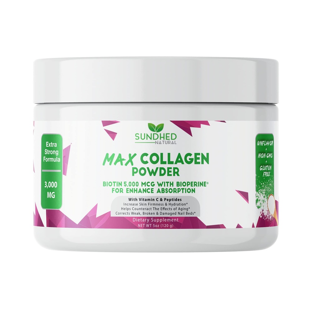 Max Collagen Plus C (30 dnevna zaloga) - Vse naravne kolagen v prahu z Biotin & Bioperine za povečanje proti staranju Hidracija in čvrstost kože - 500mg Vitamin C - Okrepiti kosti in nohti