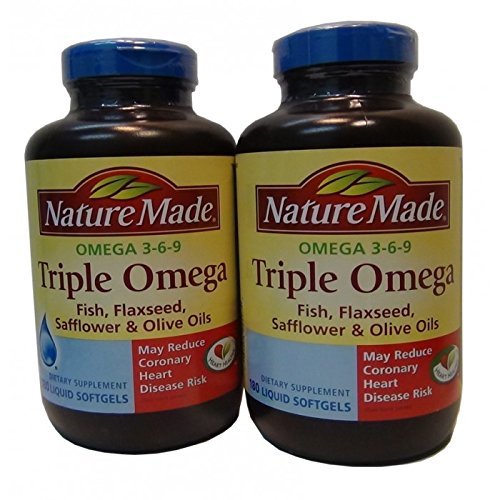 Narava narejena Triple Omega 3 6 9 - Ribe, Laneno seme, Žafran in oljčno olje - 2 steklenici, 180 softgels vsak