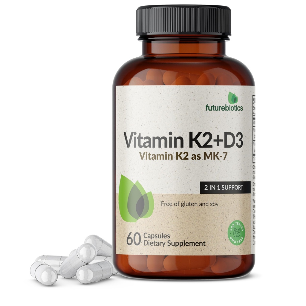 Futurebiotiki Vitamin K2 (MK7) z D3 dodatki - ne-GMO Formula - 5000 i.e. vitamin D3 & 90 μg vitamin K2 MK-7, 60 vegetarijanskih kapsul