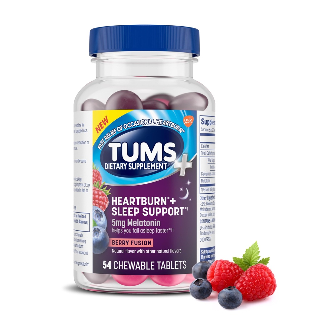 TUMS Zgaga Plus podpora za spanje žvečljiva prehrana dopolnilne tablete za občasno zgago Relief Plus spanja podpora, Berry Fusion - 54 Count