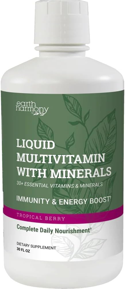 Earth Harmony Tekoči multivitamini za ženske in moške (tropska jagodna aroma) - 30+ Tekoči vitamini, minerali in organska antioksidantna mešanica - Jutranji multivitamini za imuno podporo in energijo - 32 Fl Oz