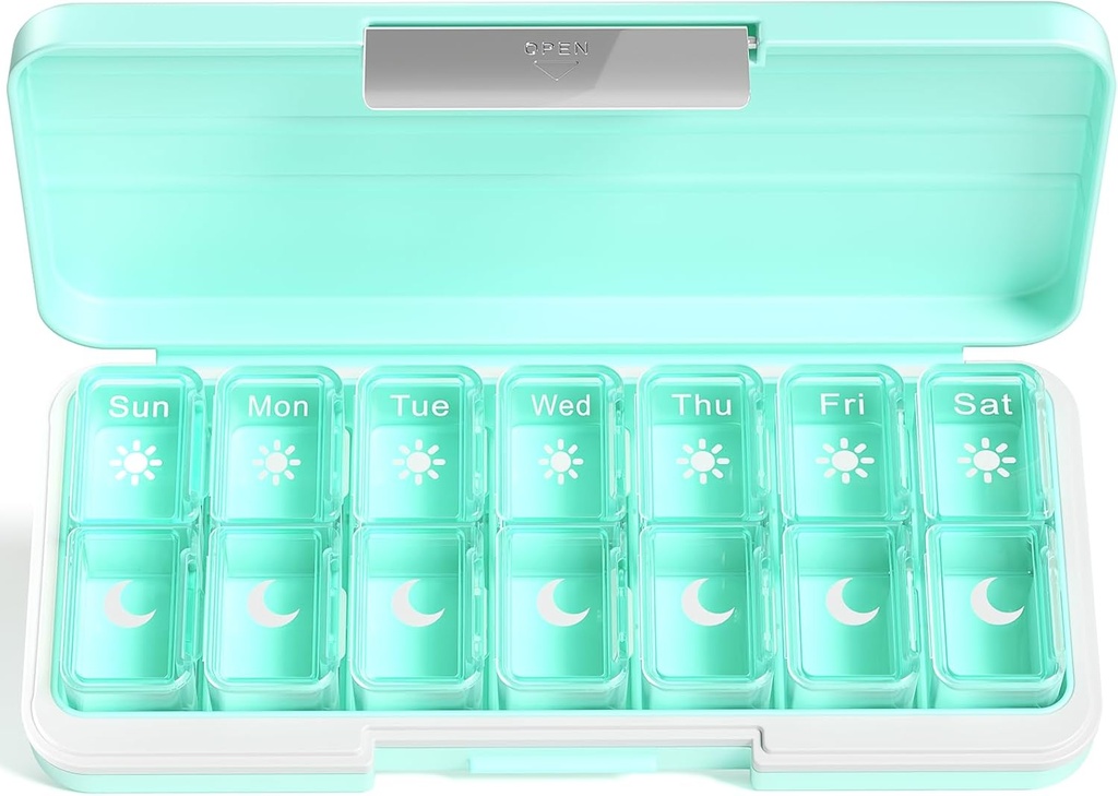 Zoksi Am Pm tablete Organizator 7 dan, tedenske tablete Box 2 krat na dan, zdravila tablete Organizator z ločenim delom, potovalne tablete Dispenzer prenosljiv za vitamine, ribja olja, zdravila (zelena)