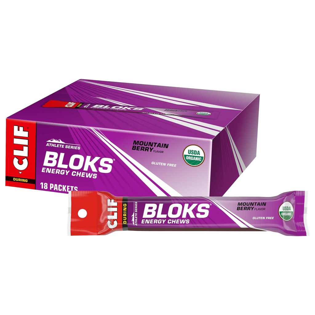 CLIF BLOKS - Mountain Berry Flavor - Energy Chews - Non-GMO - Rastlinska osnova - Hitro gorivo za kolesarjenje in tek - Hitri ogljikovi hidrati in elektroliti - 2,12 oz. (18 Count)