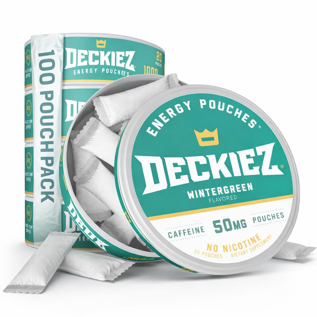 Energijske vrečke Deckiez, 5 pločevink (100 vrečk), dodatek brez sladkorja, kavne vrečke in energijski napitek Alternativna, 50mg vrečke iz kofeina, Wintergreen aroma