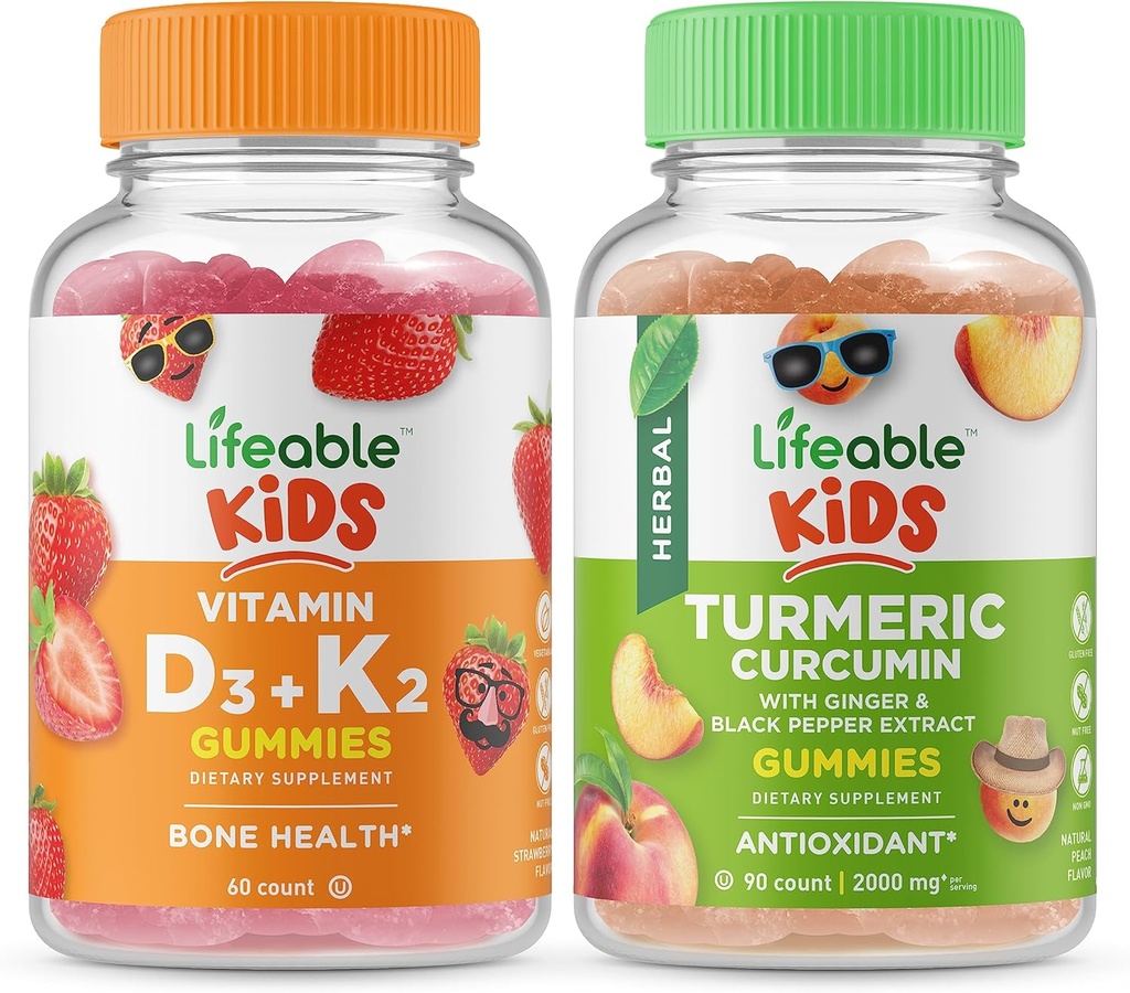 Življenjski vitamin D3 + vitamin K2 Otroci + Kurkumin Curcumin Otroci, Gummies Bundle - odličen okus, Vitamin dodatek, Gluten brezplačno, GSO brezplačno, Žvečljivi Gummy