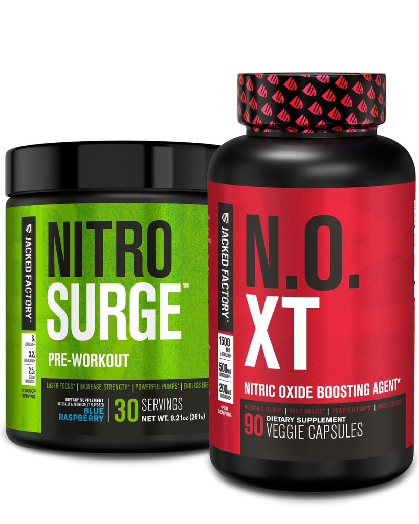 Jacked Factory Nitrosurge Pre-World v Blue Raspberry & N.O. XT Nitrični oksid Booster za moške in ženske