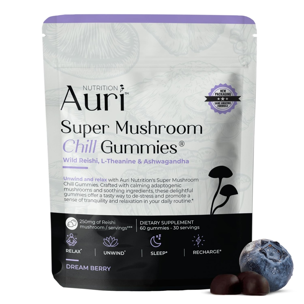 Auri Super goba Chill Gumies - Naravno pomirjevalo pomoč in stres zmanjšanje dodatka za odrasle w/Reishi gobe, Ashwagandha, L-Theanine - Sprostite um in uskladiti vaš dan - 60 Calm Gummies
