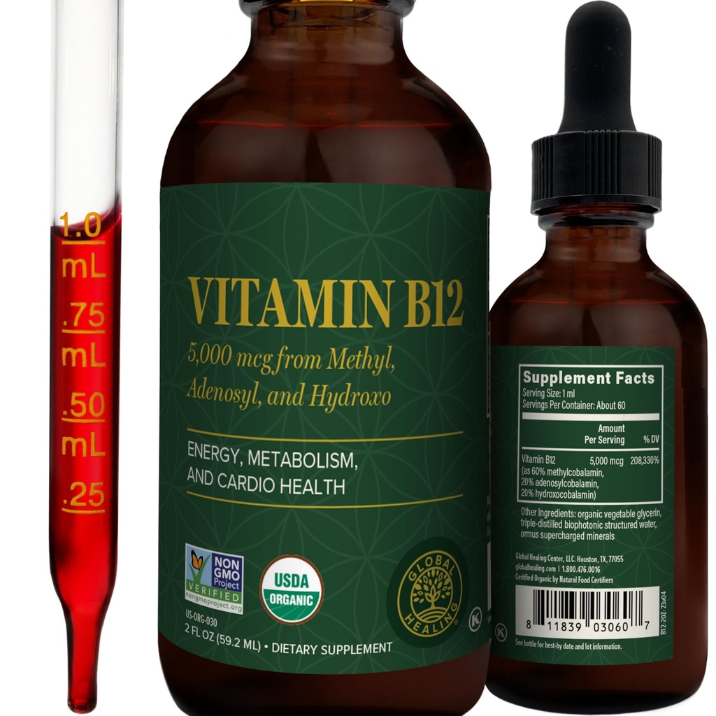 Globalno zdravljenje - Ekološki vitamin B12 5000 MCG Podjezična tekočina - metilkobalamin, Hydroxo mešanica & več - Metilirane kapljice za odrasle - Vegan, Non-GMO, VIT B12, Vitamini Dodatek (2 Oz)