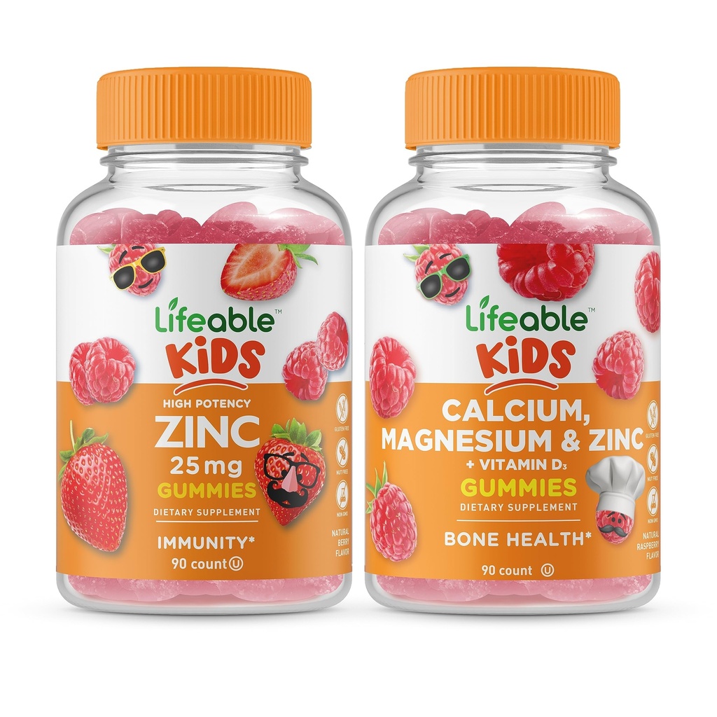 Življenjski cink 25mg Otroci + Kalcij Magnezij & Cink Otroci, Gummies Bundle - odličen okus, Vitamin dopolnilo, Gluten brezplačno, GSO brezplačno, Žvečljivi gumi
