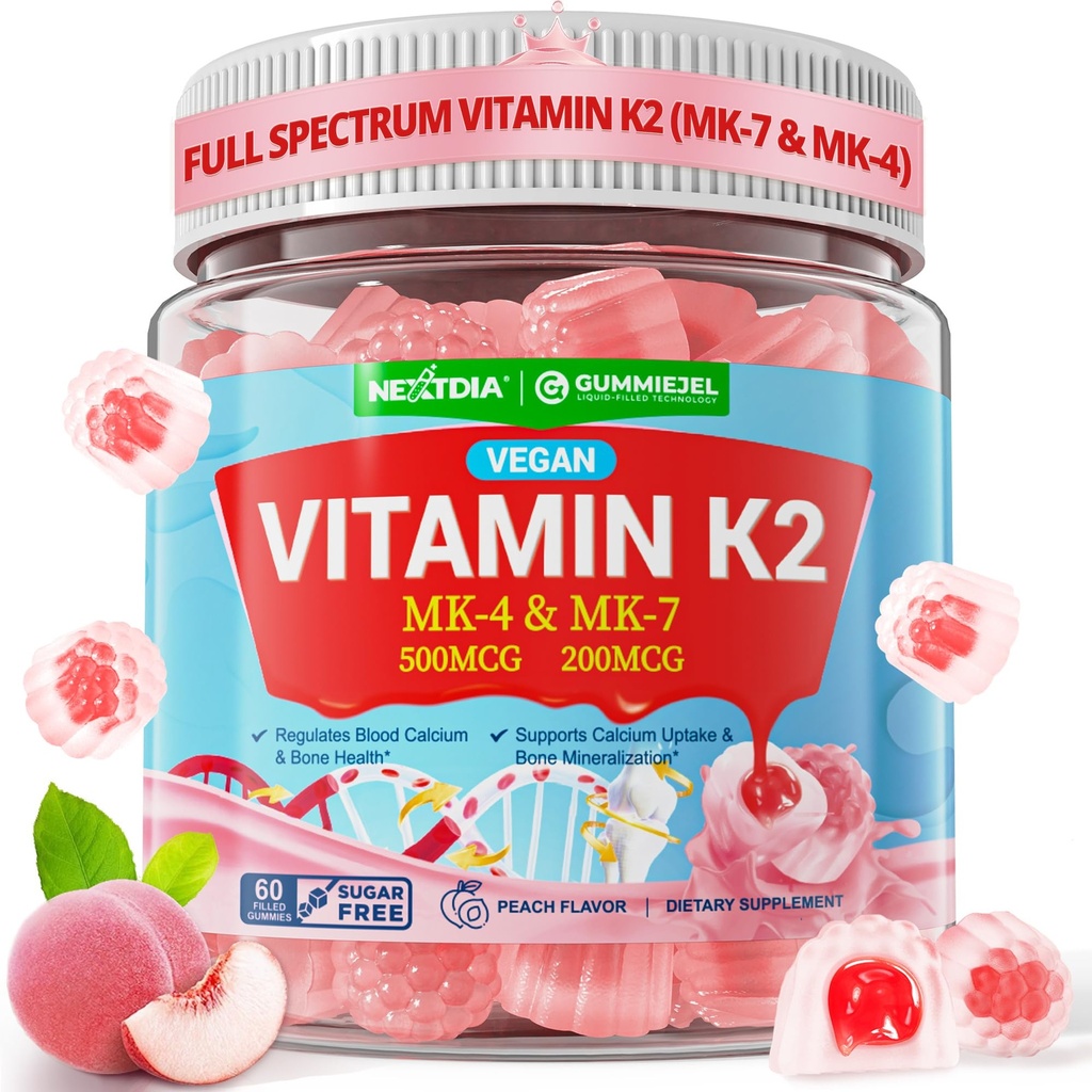 Vitamin K2 Gumies MK-7 200 μg & MK-4 500 μg za ženske in moške brez sladkorja, popoln 2-IN-1 Polni spekter Vitamin K2 dodatek za kosti, He-art, spodbuja absorpcijo kalcija, možgane, zobe, imunske,1Pack