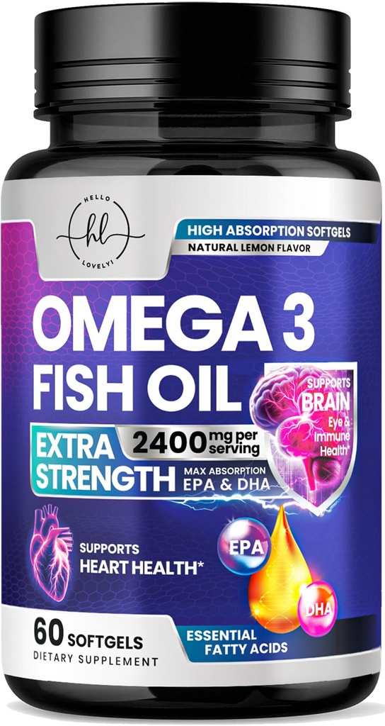 Omega 3 ribje olje dopolnila 2400mg - Trojna moč Omega 3 Maščobne kisline, naravno zdravje srca Možgani in skupni podpora - Maščobne kisline z EPA & DHA - Wild Caught ribje olje dodatek - 60 Softgels