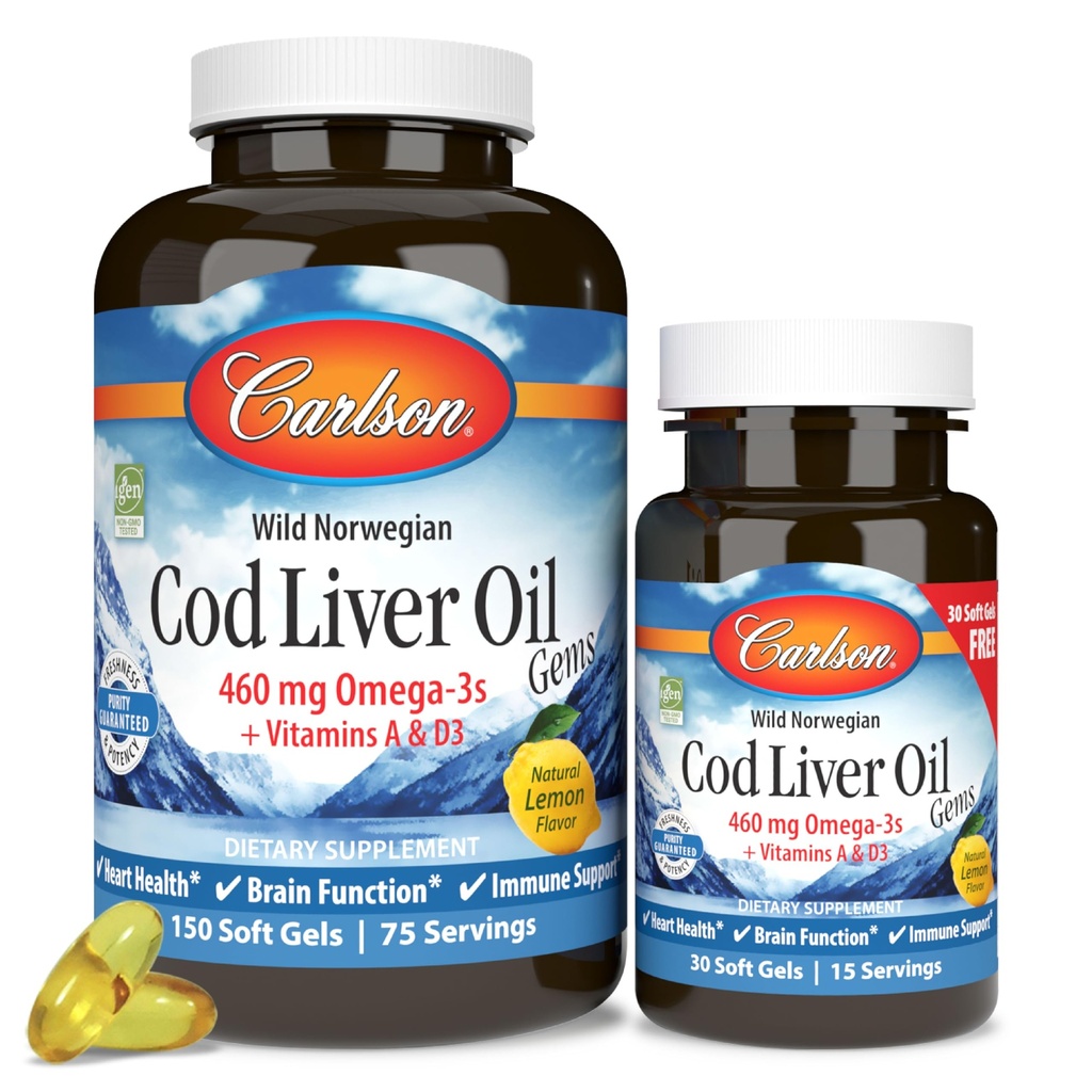 Carlson - Cod Jetrna Olja Gems, 460 mg Omega-3, Plus Vitamini A in D3, Wild ujeti norveški arktični trska, trajno pridobljene nordijsko ribje olje kapsule, Lemon, 150 + 30 Softgels