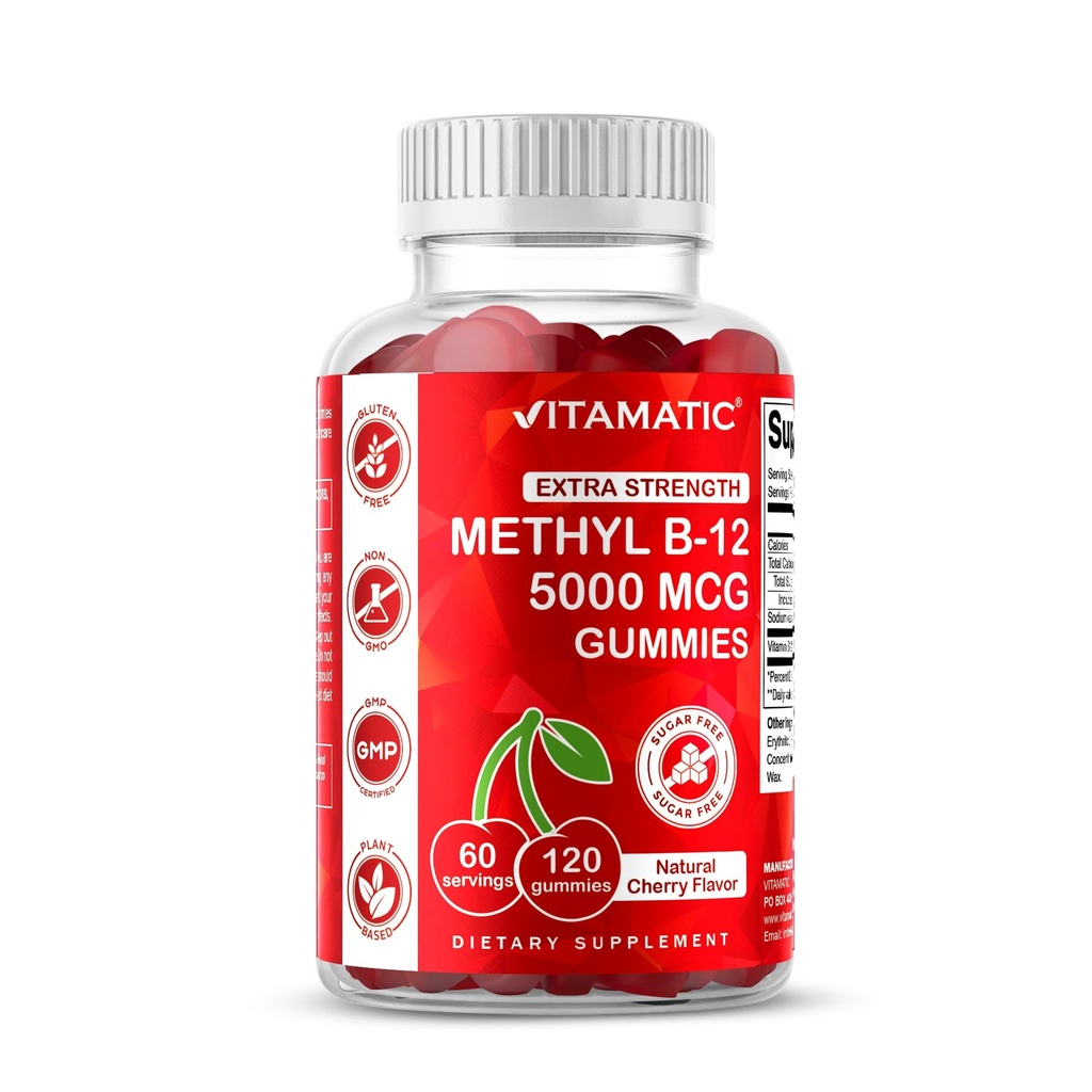 Vitamatska ekstra moč Vitamin B12 5000 mcg (metil B12) Gumiji - 120 Count - Energy Presnova Podpora in Živčevje Zdravstvena podpora, Natural Cherry aromatiziran (1)