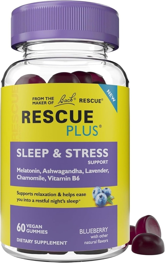Bach RESCUE PLUS Sleep & Stress Support Gummies, nočna prehrana dodatek z 1mg Melatonin, Ashwagandha, Kamilica, Sivka & Vitamin B6, Naravni borovničev okus, Vegan & Gluten-free, 60 Count