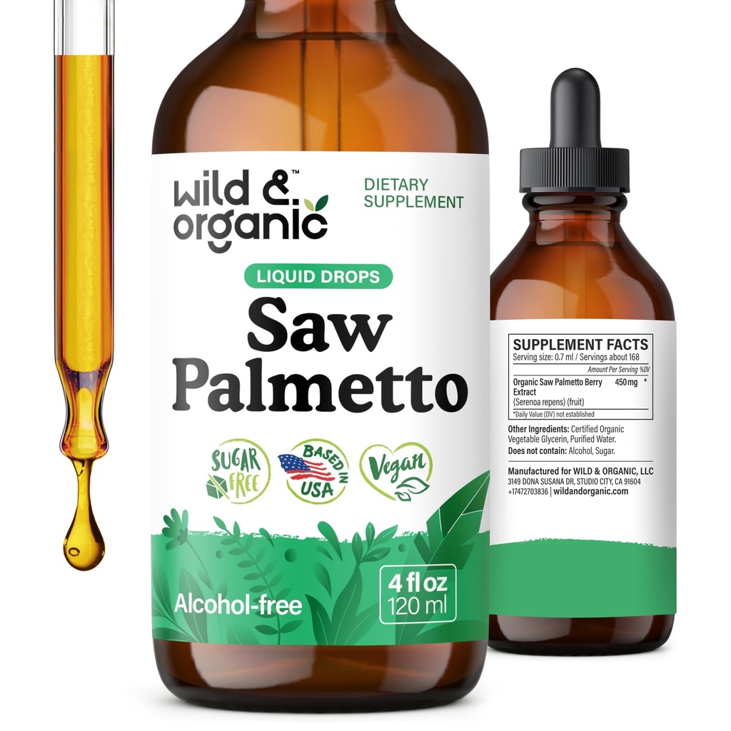 Wild & Organic Saw Palmetto Tincture - Saw Palmetto Extract dodatek za moške in ženske - kapljice na osnovi tekočega prahu - Serenoa Repens Berries - Vegan, sladkor in alkohol brez - 4 fl oz