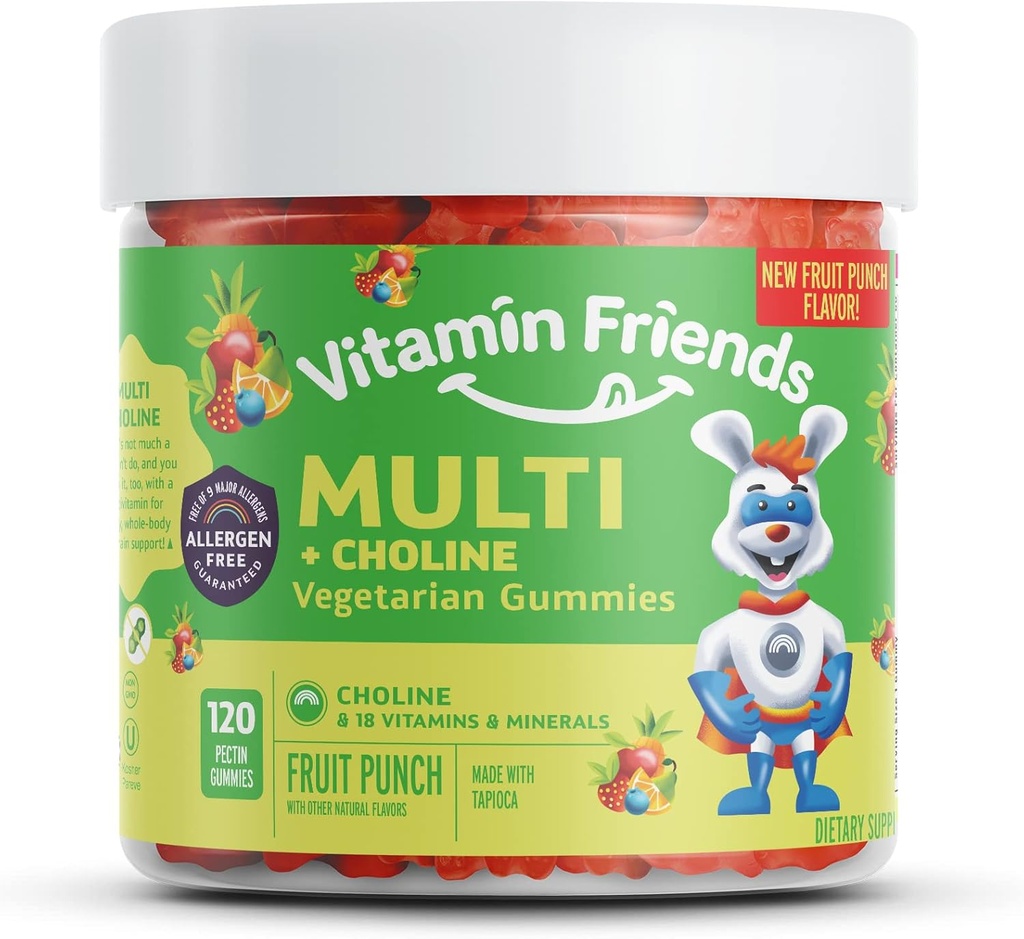 Vitamin Friends - Vegetarian Multivitamin & Choline za otroke - Dnevna prehranska podpora Gumies w/Vitamin C, D, E, A, B6, cink, folna kislina, holin, selen, niacin, tiamin, biotin (30 dnevna zaloga)