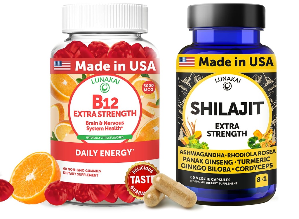 Lunakai ZDA Made B12 Gummies & Shilajit Kapsule Bundle – Dodatna moč Dnevna energija in wellness podpora