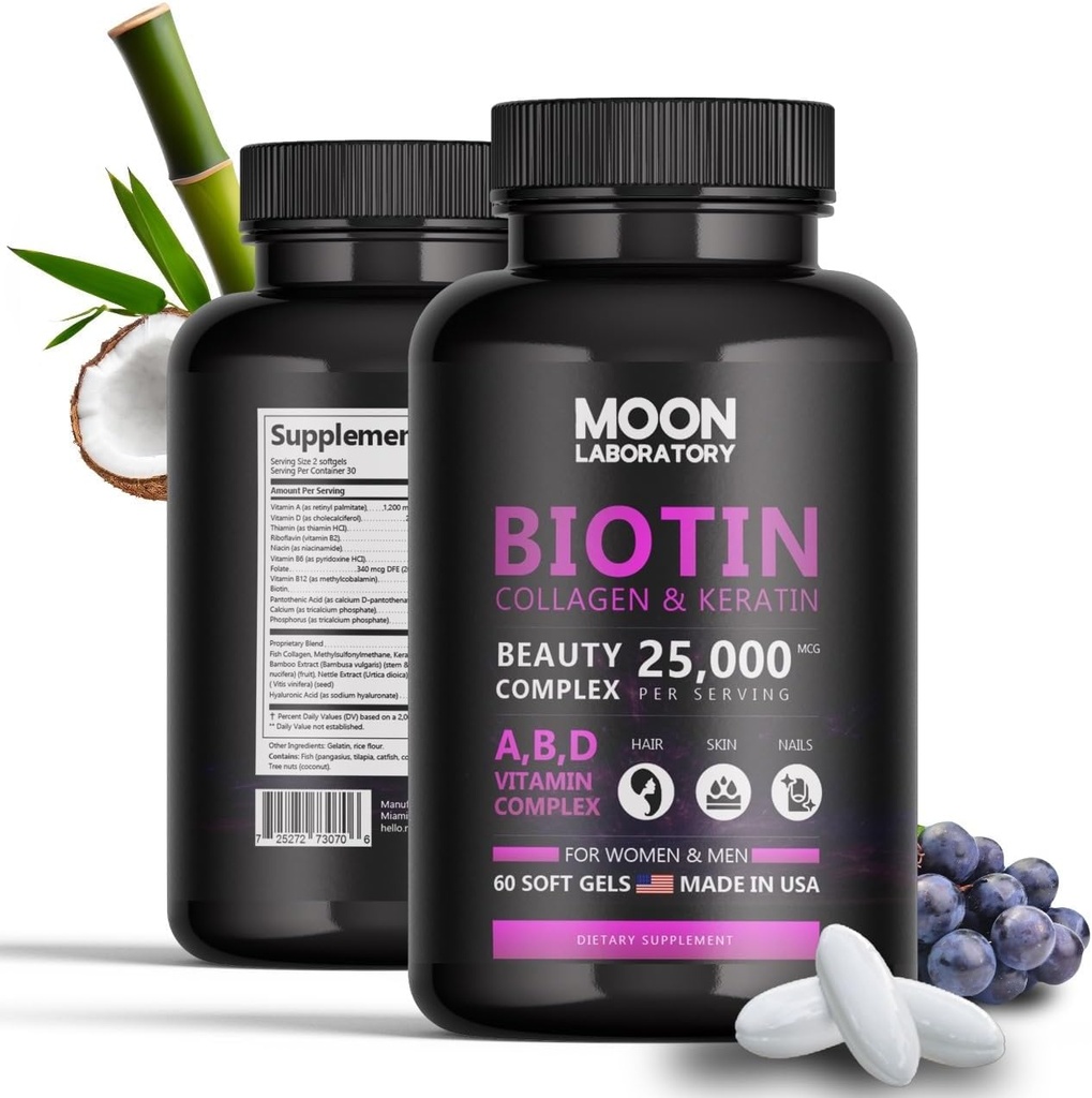 Premium Biotin 5000 mcg Beauty Complex s kolagenom, keratin, hialuronska kislina, vitamin A, D3, B-kompleks, Calcuim & Kokosovo olje. Rast las, nohti, koža. Za moške in ženske. 60 softgels