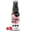 Dopolnilo Vegan Vitamin Triple B12 Tekoči pršilo- 1500 mcg Mešanica (60 strežnikov) Raspberry Flavor okrepljena Absorpcija, energija, razpoloženje, živčni sistem, kognitivna funkcija za otroke in odrasle