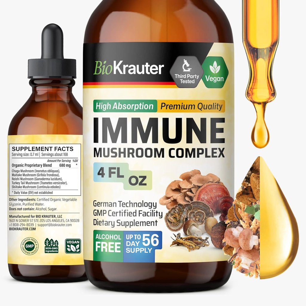 BIO KRAUTER Imunska podporna goba dodatek - Levi Mane, Shiitake, Turčija Tail, Reishi, Chaga & Maitake Tekoči ekstrakt - goba kompleks Tinkture - Veganske kapljice 4 Fl.Oz.