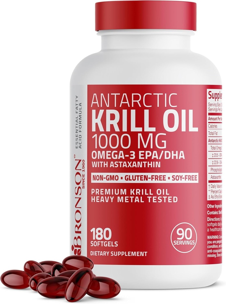 Bronson Antarktika Krill Oil 1000 mg z Omega-3s EPA, DHA, Astaksantin in fosfolipidi 180 Mehkužci