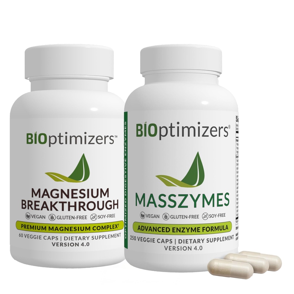 BiOptimizerji Magnezij Preboj 4.0, (60 kapsul) & MassZymes 4.0, (250 kapsul) - Naravni spanec, možgani, in Prebavne zdravstvene podpore dopolnilo