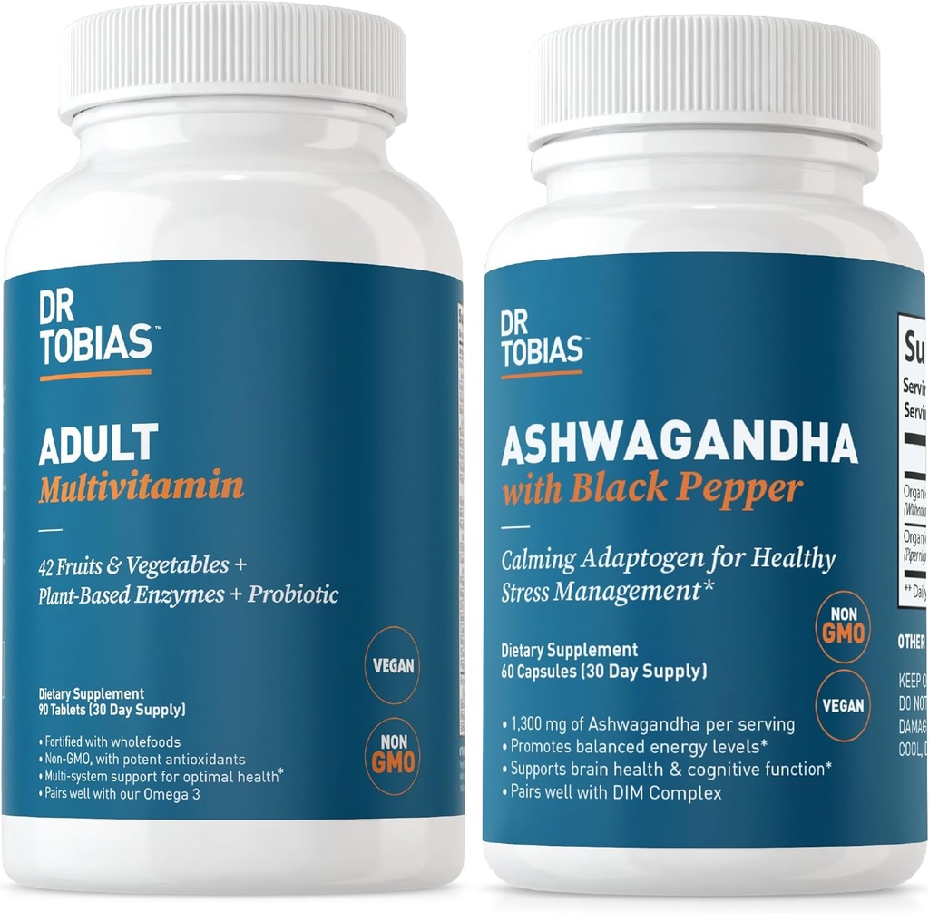 Dr. Tobias Adult Multivitamini in Ashwagandha kapsule, podpora splošno Wellness & Uravnotežena energija in odpornost, Vegan, Non-GMO