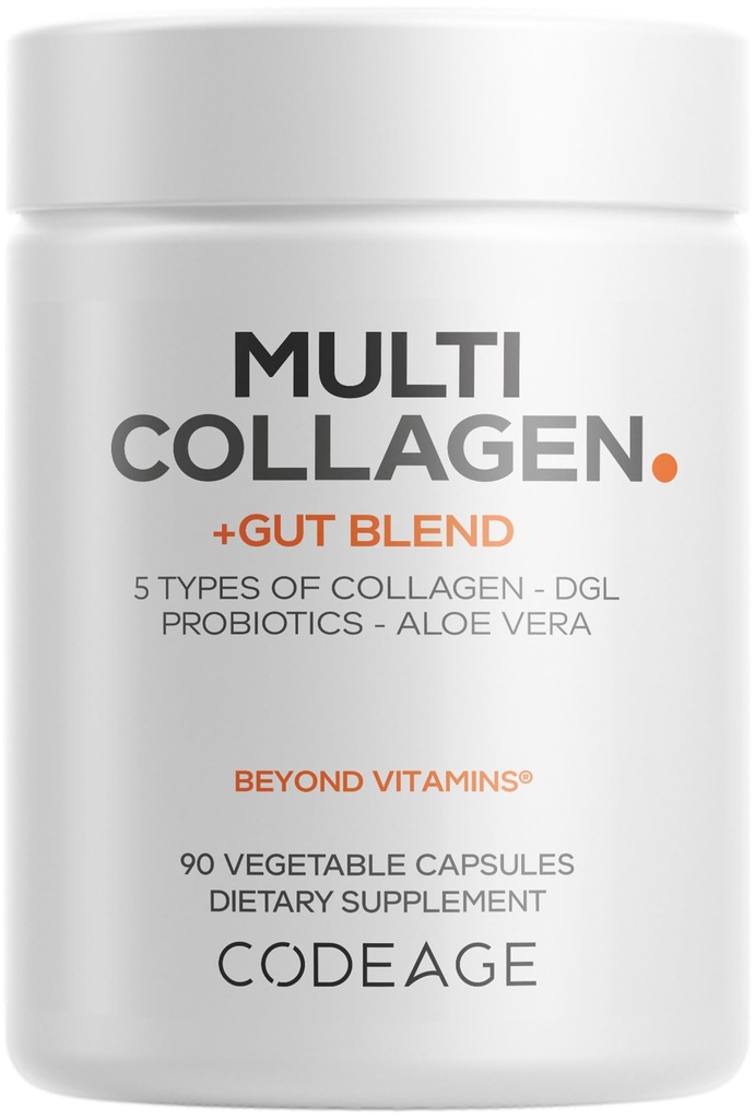 Codeage Multi Collagen + Gut Mešanica dodatek - Prebavni probiotiki, DGL Licorice, Aloe Vera, Ekološka peppermint list, Slippery Elm - Hidrolizirane tablete govejega kolagena - Ne-GMO - 90 Kapsule